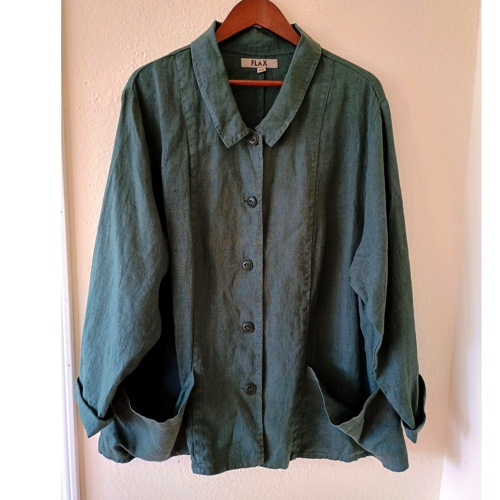FLAX Dark Green 100% Linen Button Front Pocket Jacket Size 2G (22-24) Lagenlook